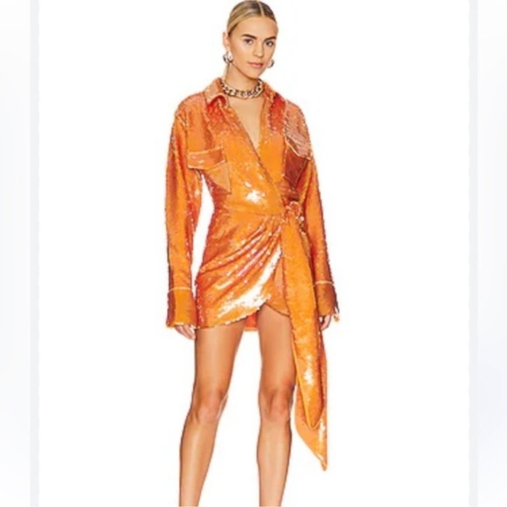 HOUSE OF HARLOW Orange Sequin Wrap Collar Shirt Mini Statement Dress NWT Sz M